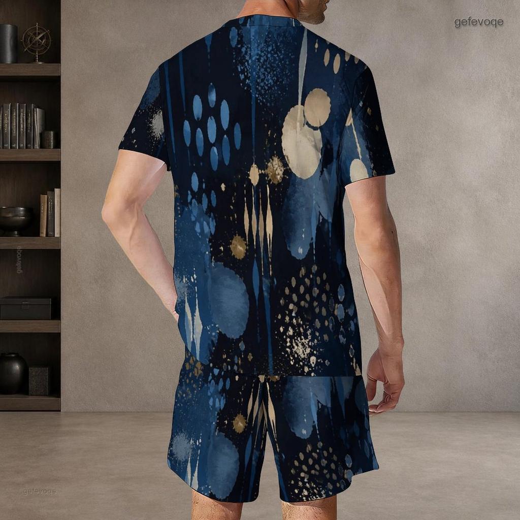 Men Plus Size Dark Blue Printed Round Neck Short Sleeve Top And Shorts Two Piece Set
