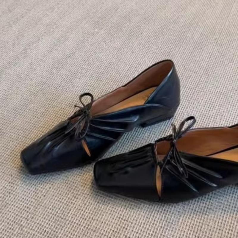 

2026 Hollow Bow Handmade Low Heel Shallow Mouth Small Leather Shoes for Women 35 чёрный