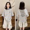 Girls' Trendy Striped Short-Sleeve T-Shirt, Sizes 6-15 - Stylish Contrast Color, Loose Fit