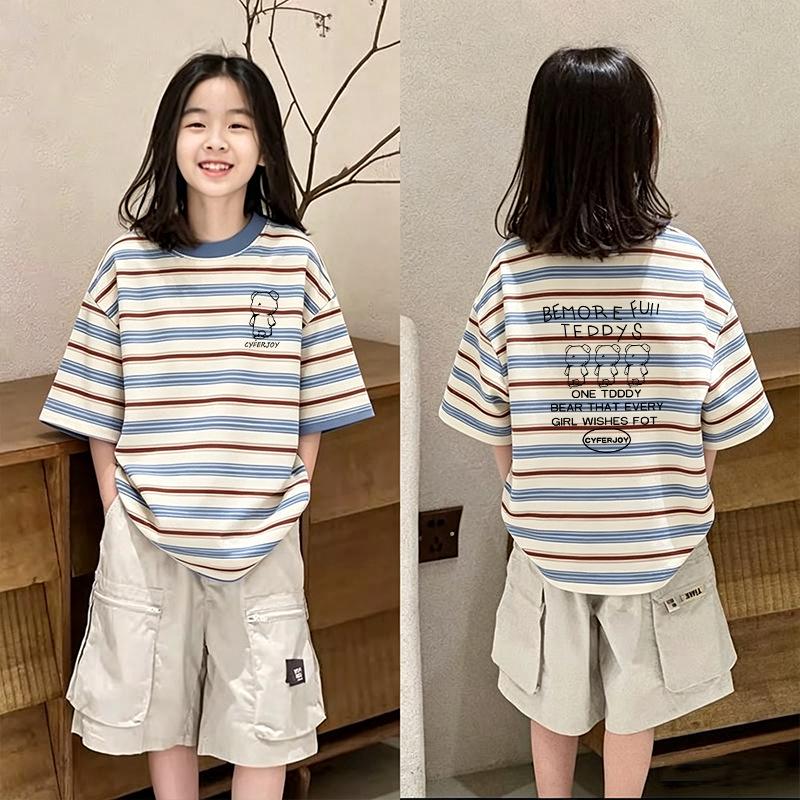 Girls' Trendy Striped Short-Sleeve T-Shirt, Sizes 6-15 - Stylish Contrast Color, Loose Fit
