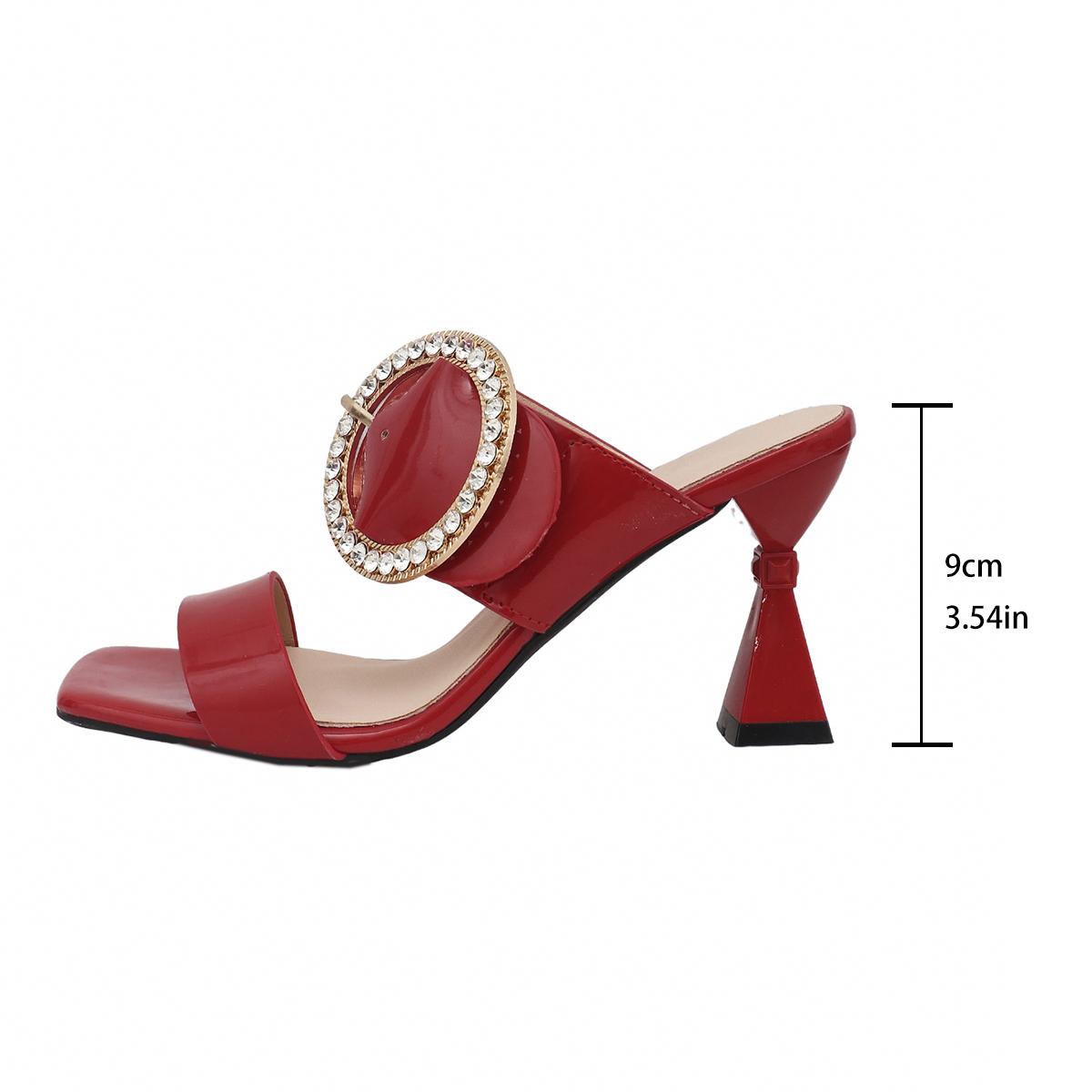 

Fashion Patent Leather Crystal Buckle Mule Sandals Woman High Heel Square Toe Rhinestone Slide Ladies Fashion Bling Party Shoe Big Size 36