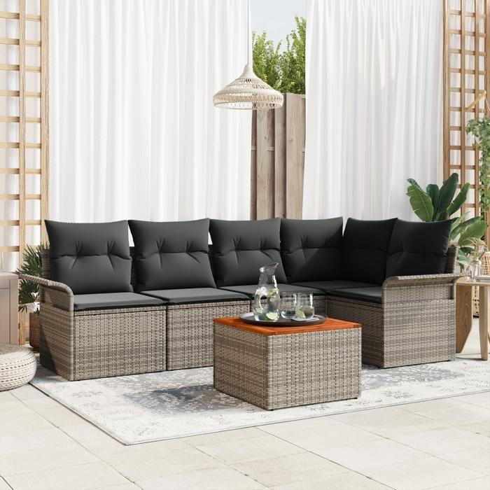 VidaXL Ensemble de Canapé de Jardin 6 Pièces avec Coussins Gris Poly Rotin Acacia 3347328