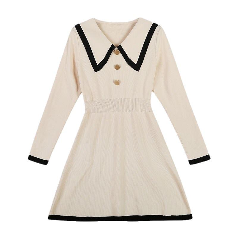 Podzimní a zimní dámské šaty s velkým klopovým límcem, pletené, s pasem, panenkovým výstřihem, středně dlouhé