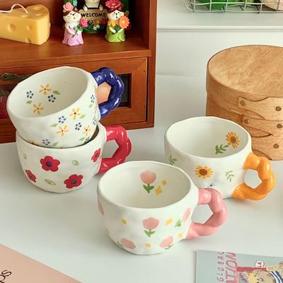 250ml Hand-made Irregular Ceramic Mug, Hand-painted Flower Pattern Coffee Cup, Children's Breakfast Milk Cup, Kitchen Drinkware