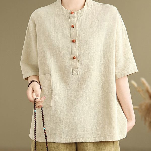 Plus Size Linen Vintage Button Pocket Short Sleeve T-Shirt Women's Summer Loose Slimming Fashion Top