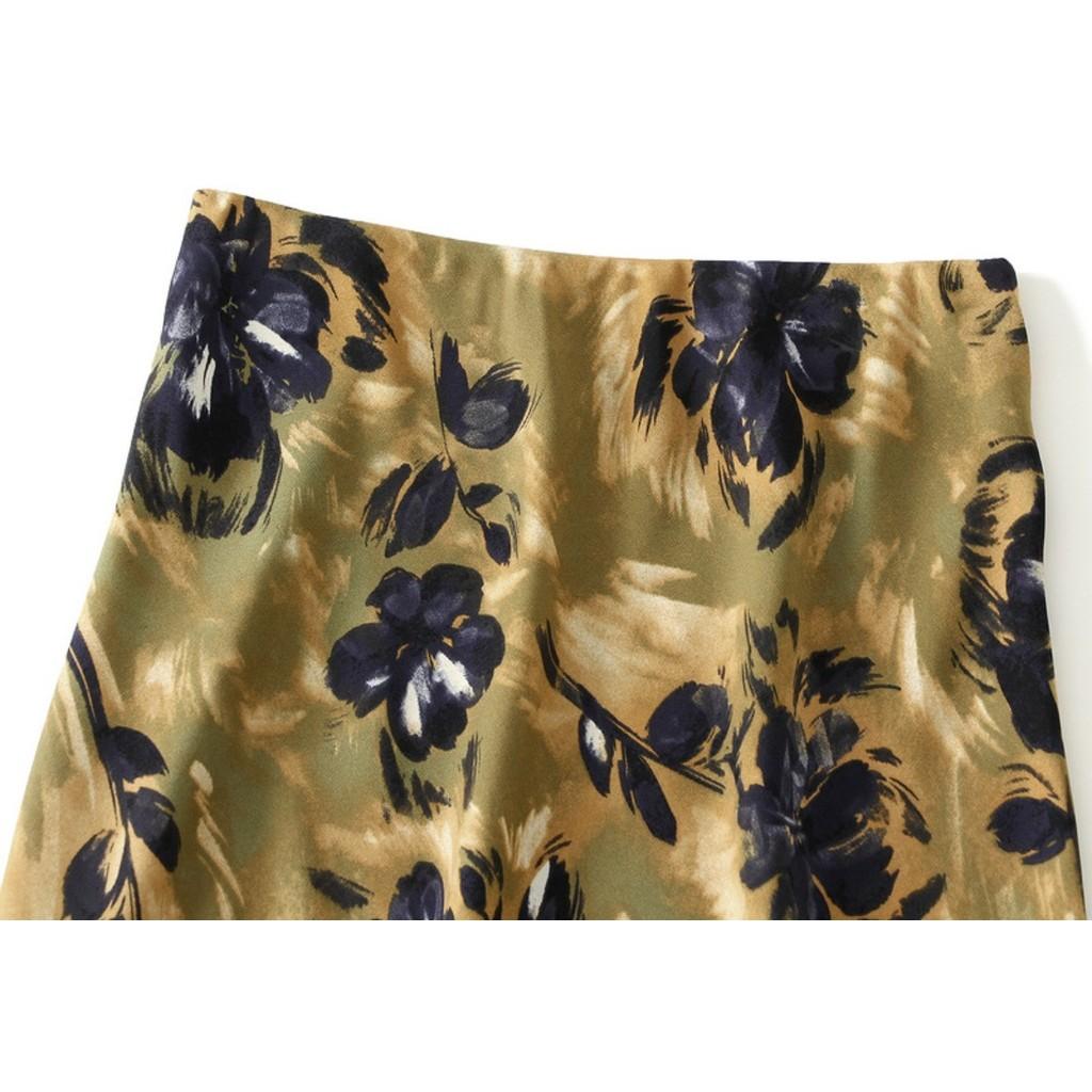 Qooth Maxi Skirt  A Line Fishtail Hem with Floral Print Elegant Elastic Waist QT2760