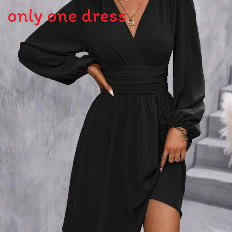 Polyester Vneck Lantern Sleeve Dress With Pleats For Casual And Party Wear