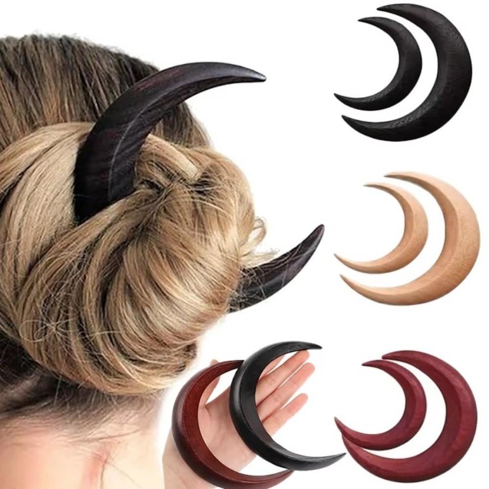 Elegant Wooden Half-Moon Hairpin Handcarved Handcrafted Hair Stick Crescent Hair Fork Women