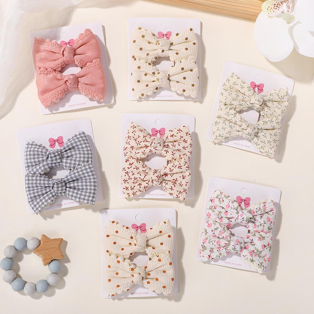 Shrimp Skin Baby Girl Cute Hairpin Set Pink Plaid Lace Bow Clip Hair Accessories 5058