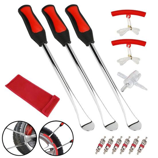 Car Tire Removal Tool Carbon Steel Spoons Set, Tools Include 3 Pieces Spoons, 2 Rim Industrial Grade Pry Protector, 1 Piece Wrench, 6 Valve