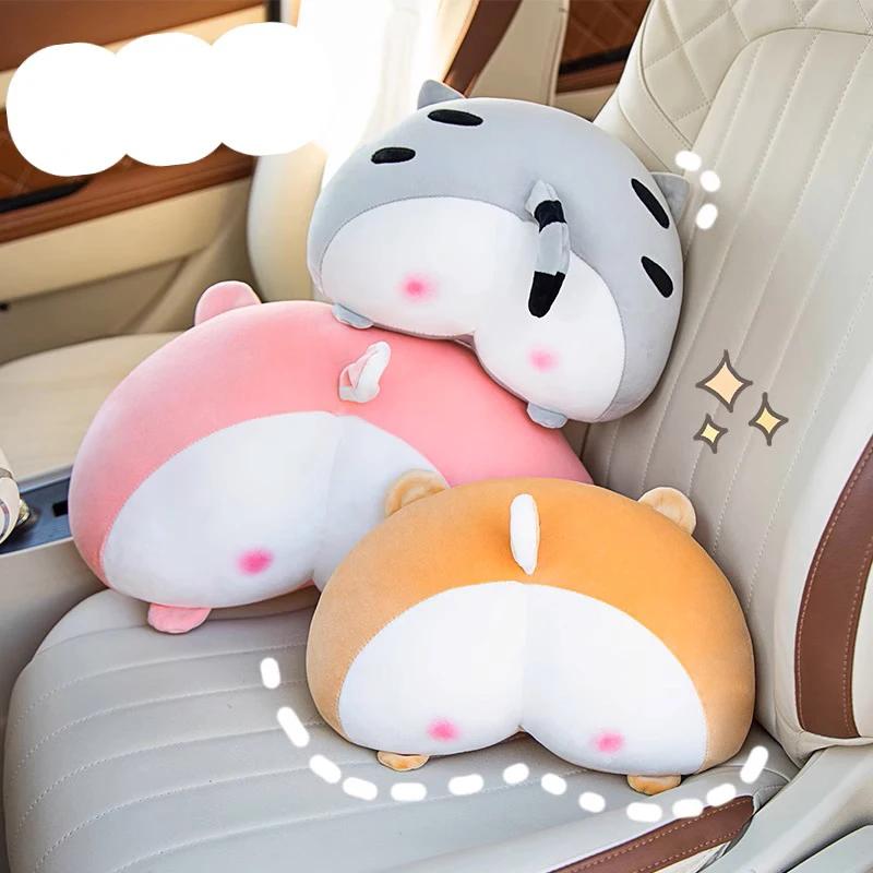 Plush Corgi Dog Butt Car Neck Pillow Cute Car Pillow Pig Butt Lumbar Support Set Creative Cartoon Car Neck Pillow Accessories