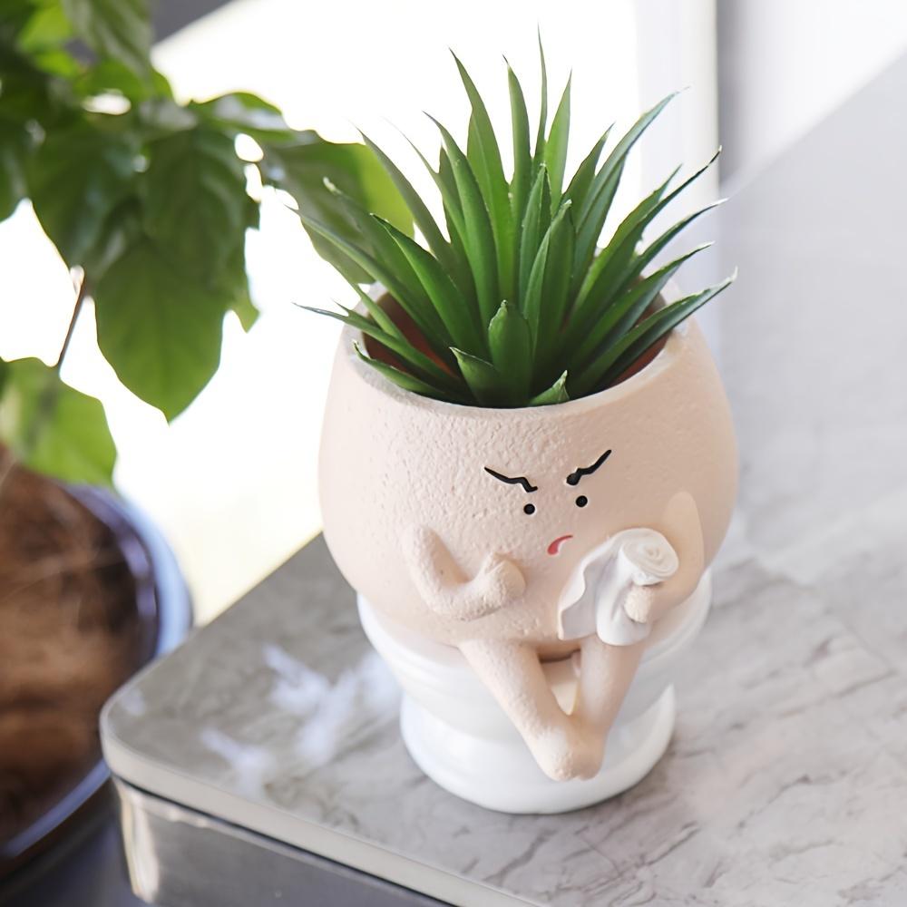 Whimsical Face Planter Pot,Double Layered Resin Vase with Drainage Hole, Cute Toilet Design for Indoor/Outdoor Decor, Contemporary Geometric Pattern