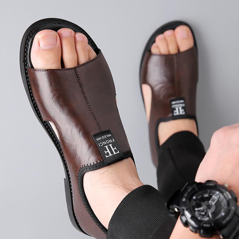Luxury Men's Leather Sandals Black Flat Open Toe Sandals Outdoor Walk Beach Leisure Sandal Shoes for Men Sandalias De Hombre New