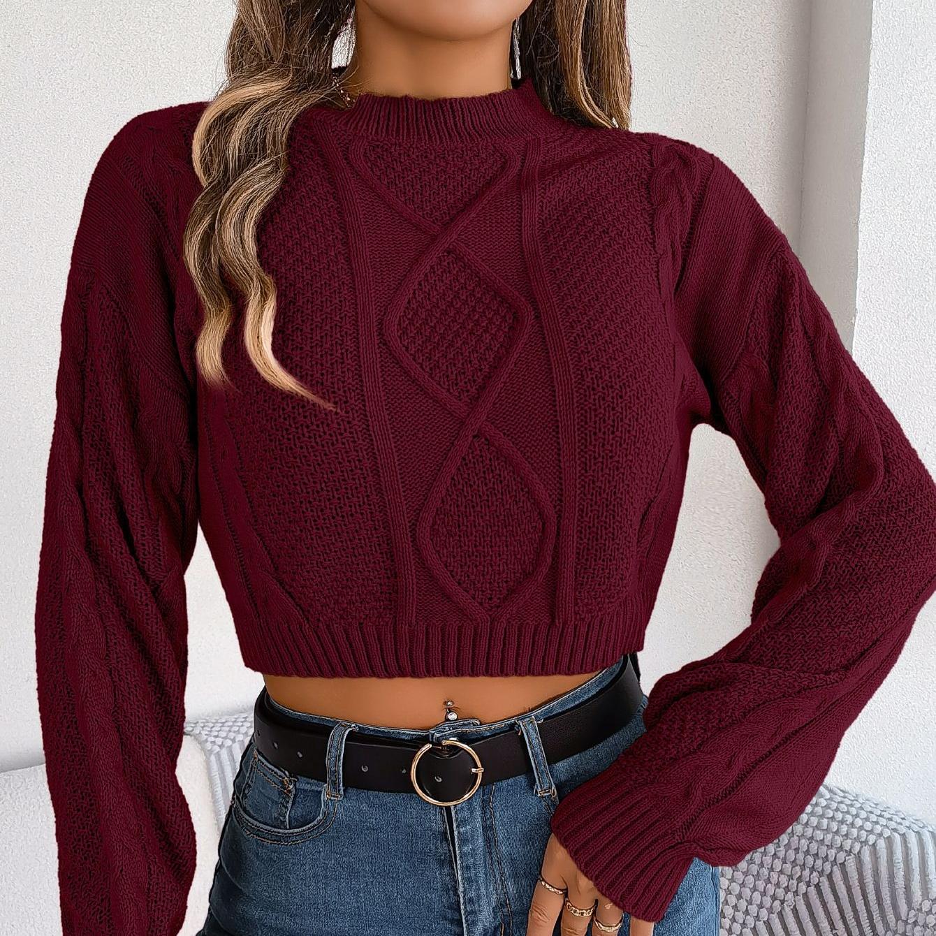 

GMXIA Женская мода, повседневный осенне-зимний свободный однотонный джемпер с длинным рукавом и круглым вырезом, с укороченным топом L бордовый