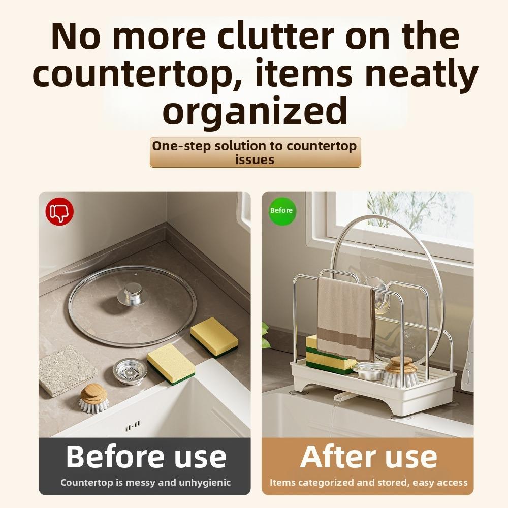 Kitchen Sink Storage Rack with Drain Self Drainage Sponge Holder Stainless Steel Multifunctional Pan Pot Lid Holder