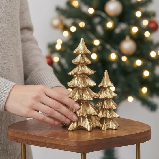Gold Festive Figurines 2Pcs Christmas Tree Ornaments, Vintage Tabletop Decoration for Holiday Seasonal Display Pieces Home Decor And Fireplace Mantel