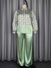 Plus Size Women's Geometric Satin Patchwork Suit - Flaw-Covering Shirt & Wide-Leg Pants Set
