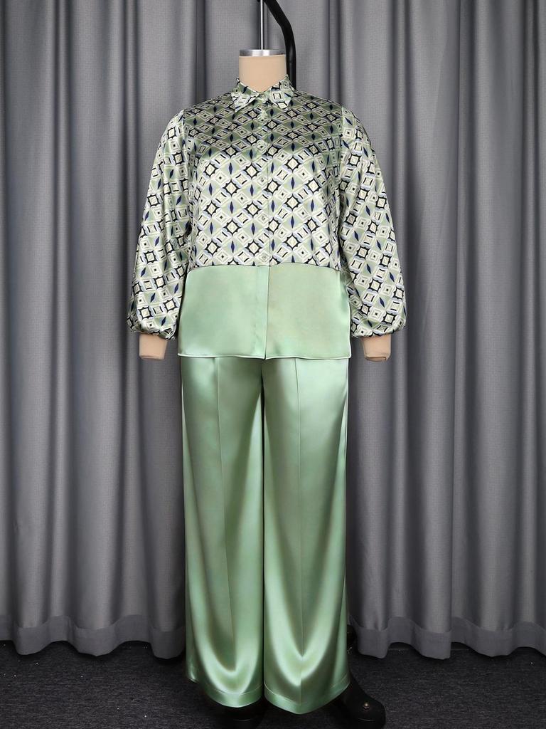 Plus Size Women's Geometric Satin Patchwork Suit - Flaw-Covering Shirt & Wide-Leg Pants Set