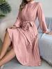 Fall Elegant Stand Collar Long Sleeve Ruched Waist A-Line Dress Women's Formal Wear