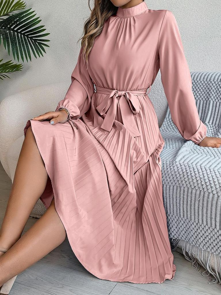 Fall Elegant Stand Collar Long Sleeve Ruched Waist A-Line Dress Women's Formal Wear