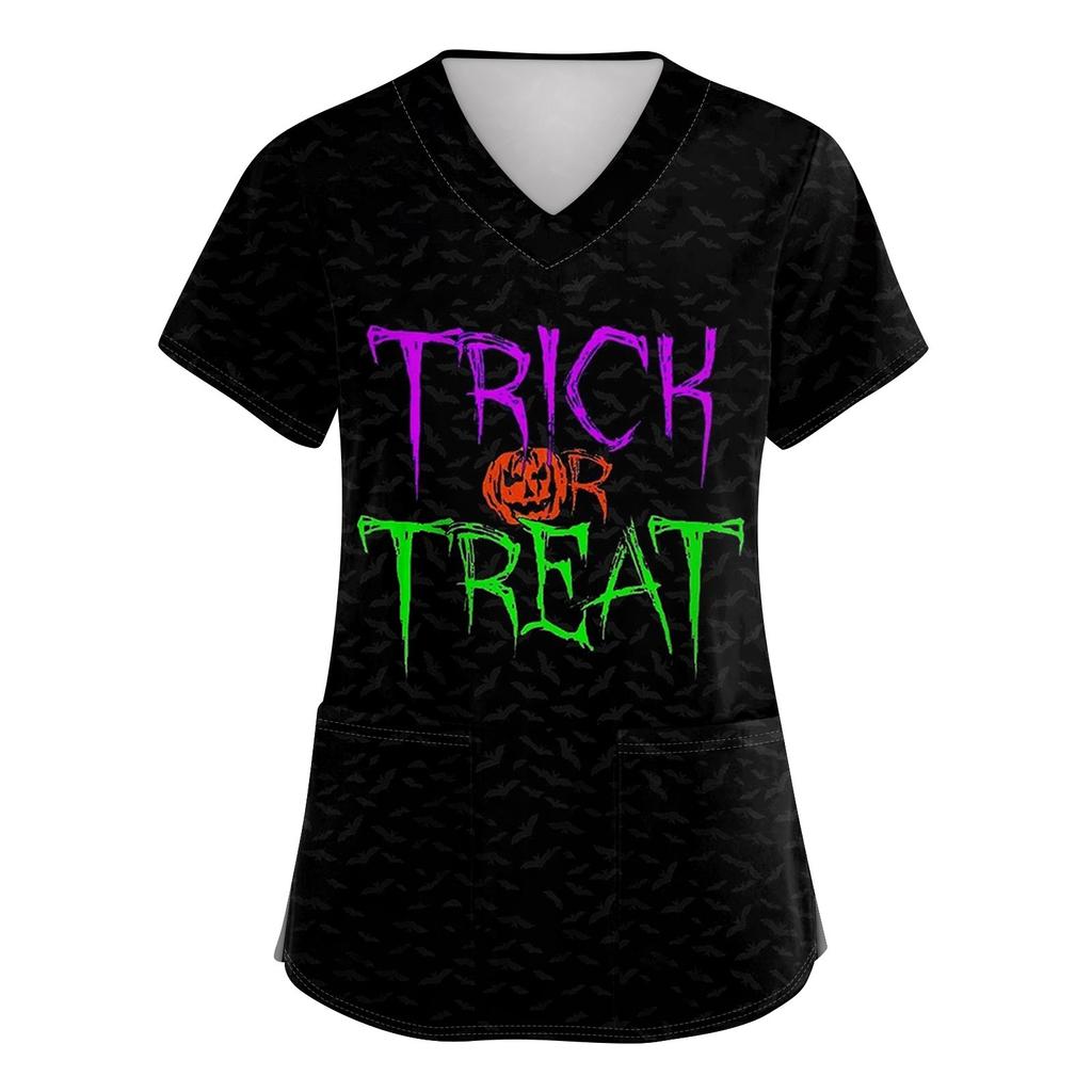 Women's V-neck Halloween Printed Short-sleeved Pocket Side-slit Protective Suit Top