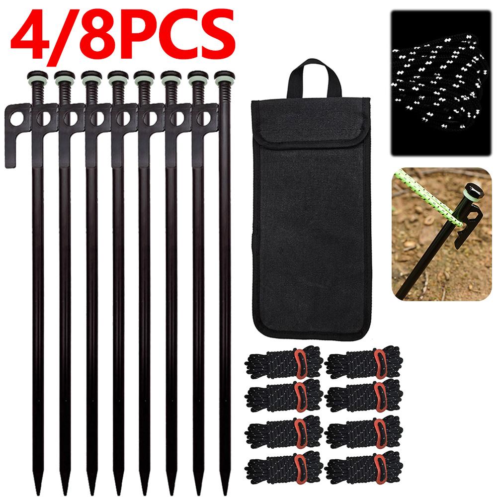 4/8 Stück Hochleistungs-Zeltheringe aus Stahl, Zeltnägel für den Außenbereich, mit Seilen und Aufbewahrungstasche, 30 cm Zelt-Erdpfähle für Camping