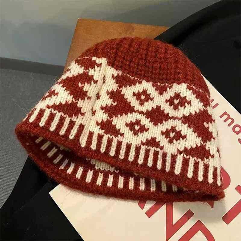 Rhombus Fisherman Hat Grid Pattern Cap Knitted Warmth Oversized Design Unisex