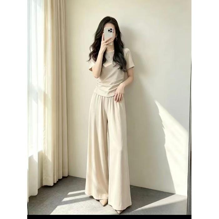 Summer Sports Small Casual Fashion Sports Suit 2026 Thin Meat Cover Short-sleeved Wide-leg Pants Two-piece Set Women