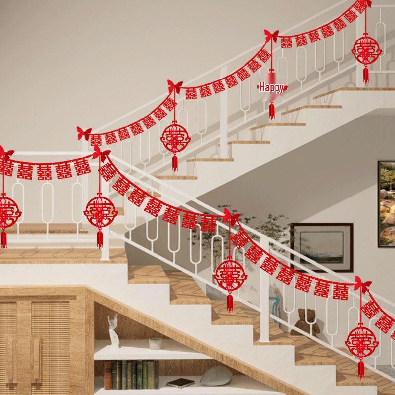 Double Happiness Stair Railing Decor: Wedding Floral Ornaments for Bride and Groom Sides