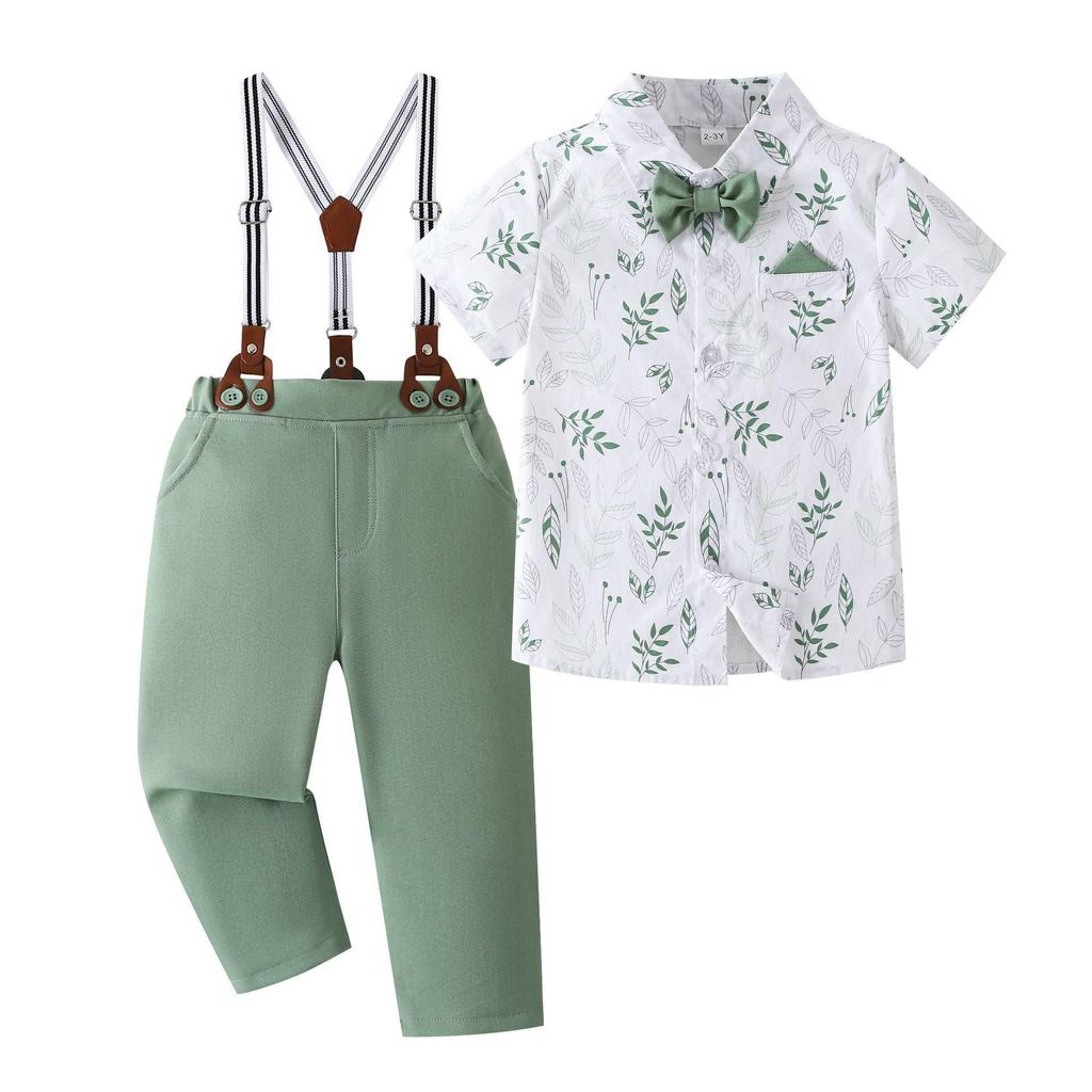 Boys' Summer Printed Short-Sleeve Shirt & Overall Set - Small Formal Wear