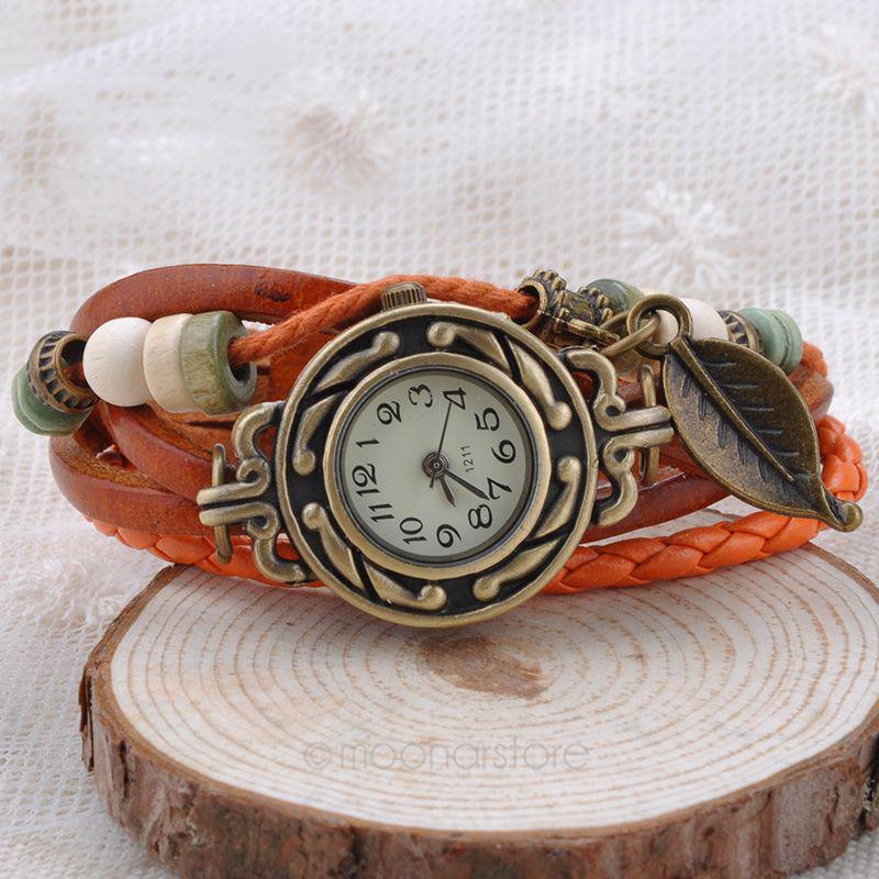 Womens Leather Tree Leaf Quartz Wrist Watch Bracelet Orange Watch
