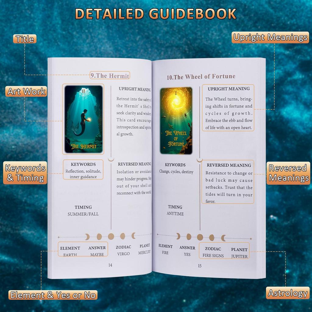 XSYLOHXL Ocean Tarot Cards with Beginner's Guidebook, Unique Pretty Gold Foil Tarot Oracle Deck Set with Beautiful Box, 400GSM, 78 Cards, Standard Siz