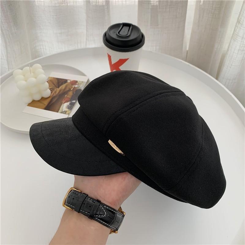Spring and Autumn Hat Women's Autumn and Winter Versatile Temperament Leather Along Wool Octagonal Hat Quality Retro Newsboy Hat