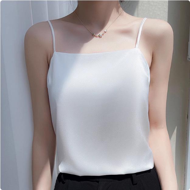 2025 Women's White Satin Camisole Tank Top: Elegant Back Design, Imitation Silk Summer Innerwear