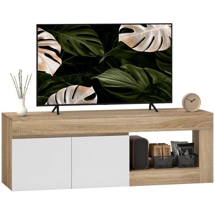 Meuble TV - HOMCOM - 2 portes à fermeture douce et compartiment ouvert - panneau de particules - 140x40x48cm - effet bois naturel