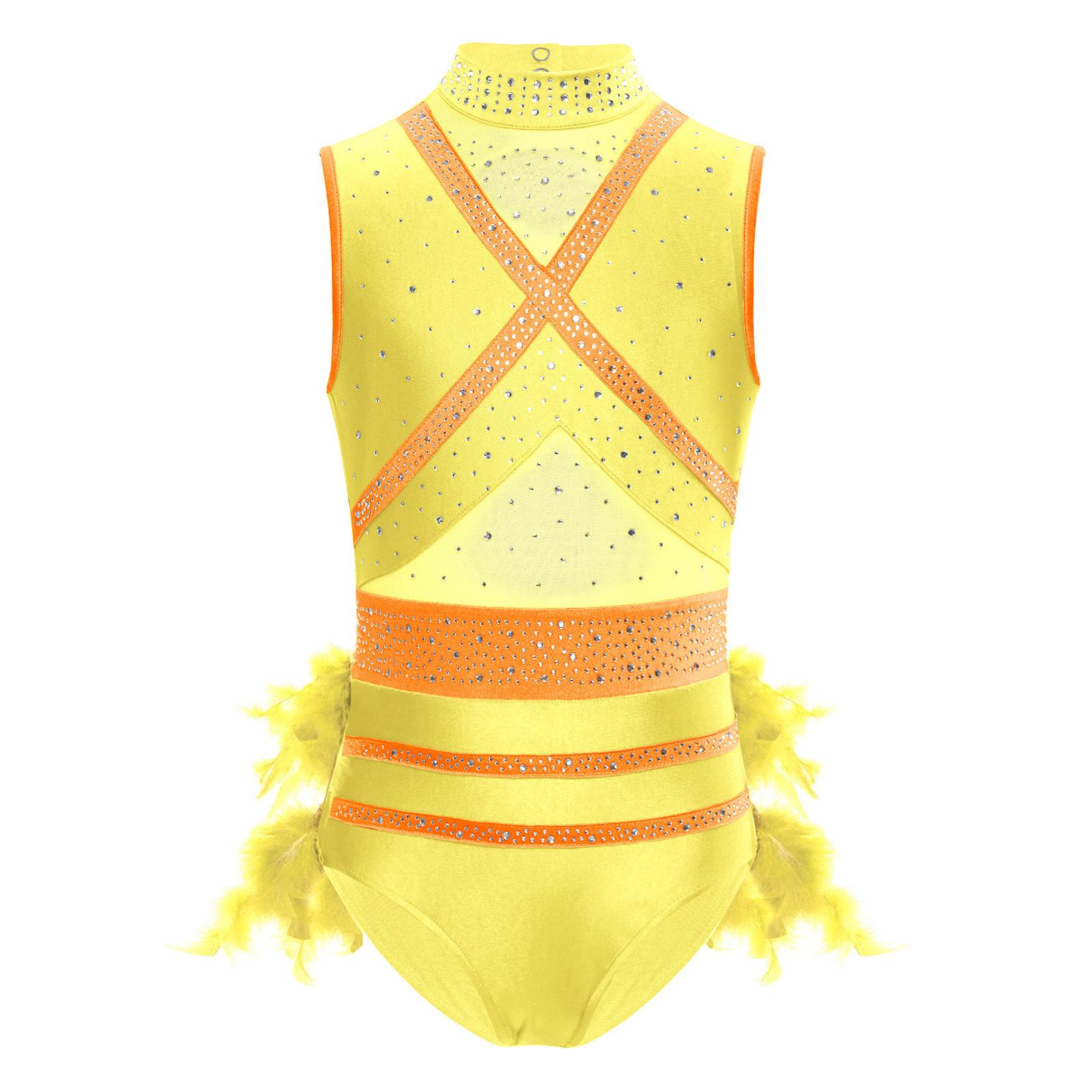 

Girls Sleeveless Mesh Patchwork Feather Cutout Back Shiny Rhinestones Color Block Dance Leotard 5-6 Years жовтий