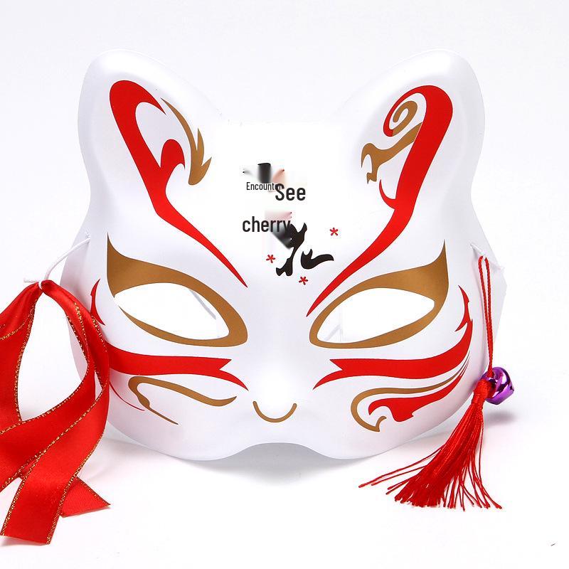 Hand-Painted Anime-Style Cat and Fox Half-Face Mask for Men and Women