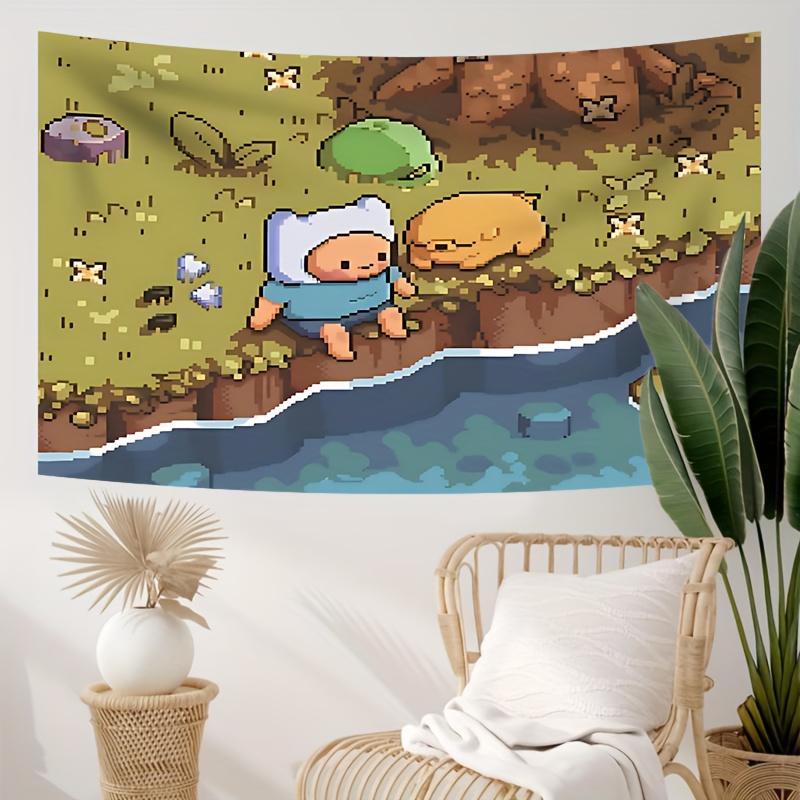 Vintage Pixel Art Tapestry Cute Fantasy Style Wall Hanging with CuteCharacters Ideal for Living RoomBedroom Dorm Decor