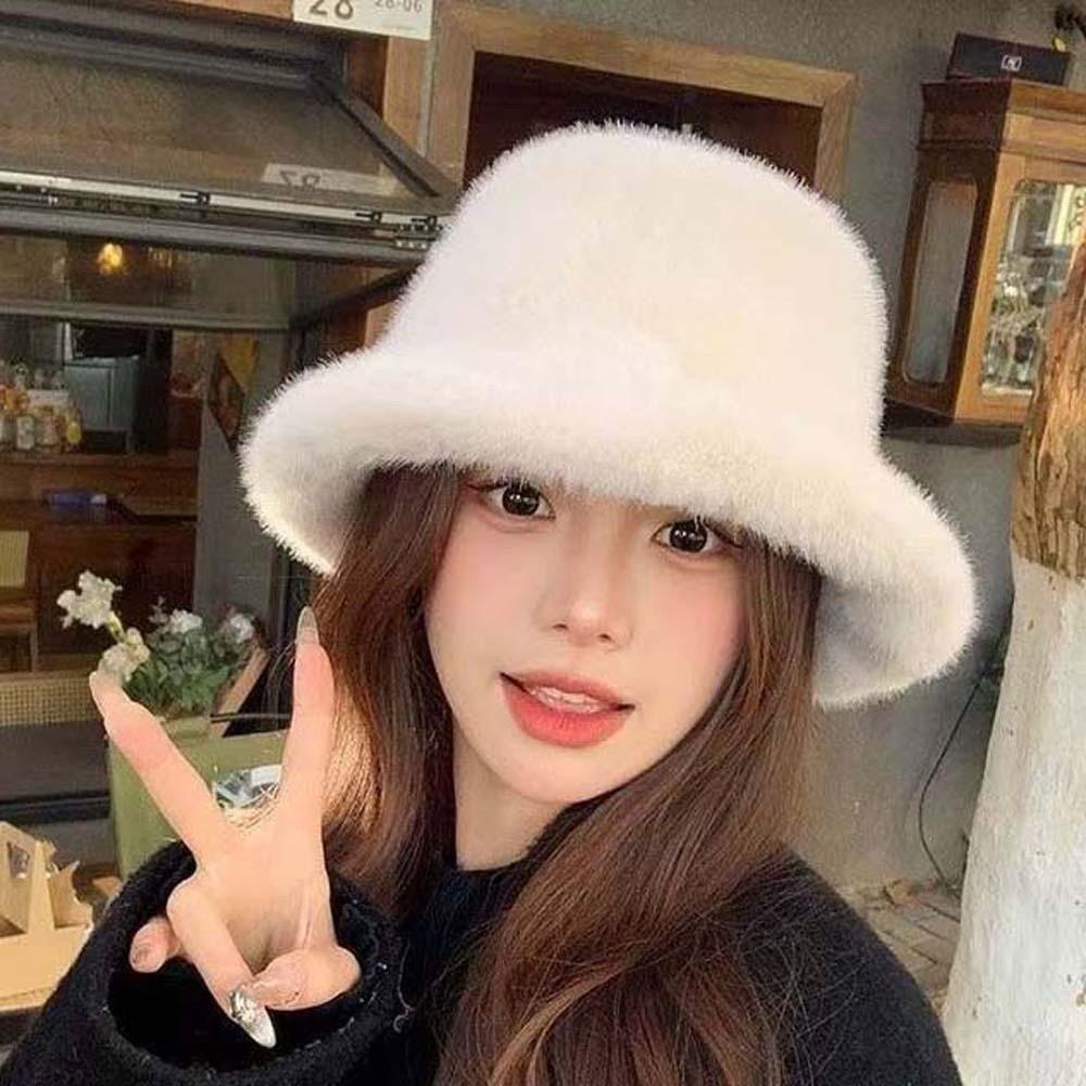 Temperament Plush Basin Cap Warmer Anti-cold Bucket Hat Plush Winter Fisherman Hat  Cycling