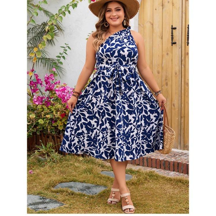 

Summer Women One Shoulder Midi Dress Ruffled Tie Waist Print Long Dress Lightweight Breathable Big Skirt Plus Size Casual Vacation Fashion Dress XL синий