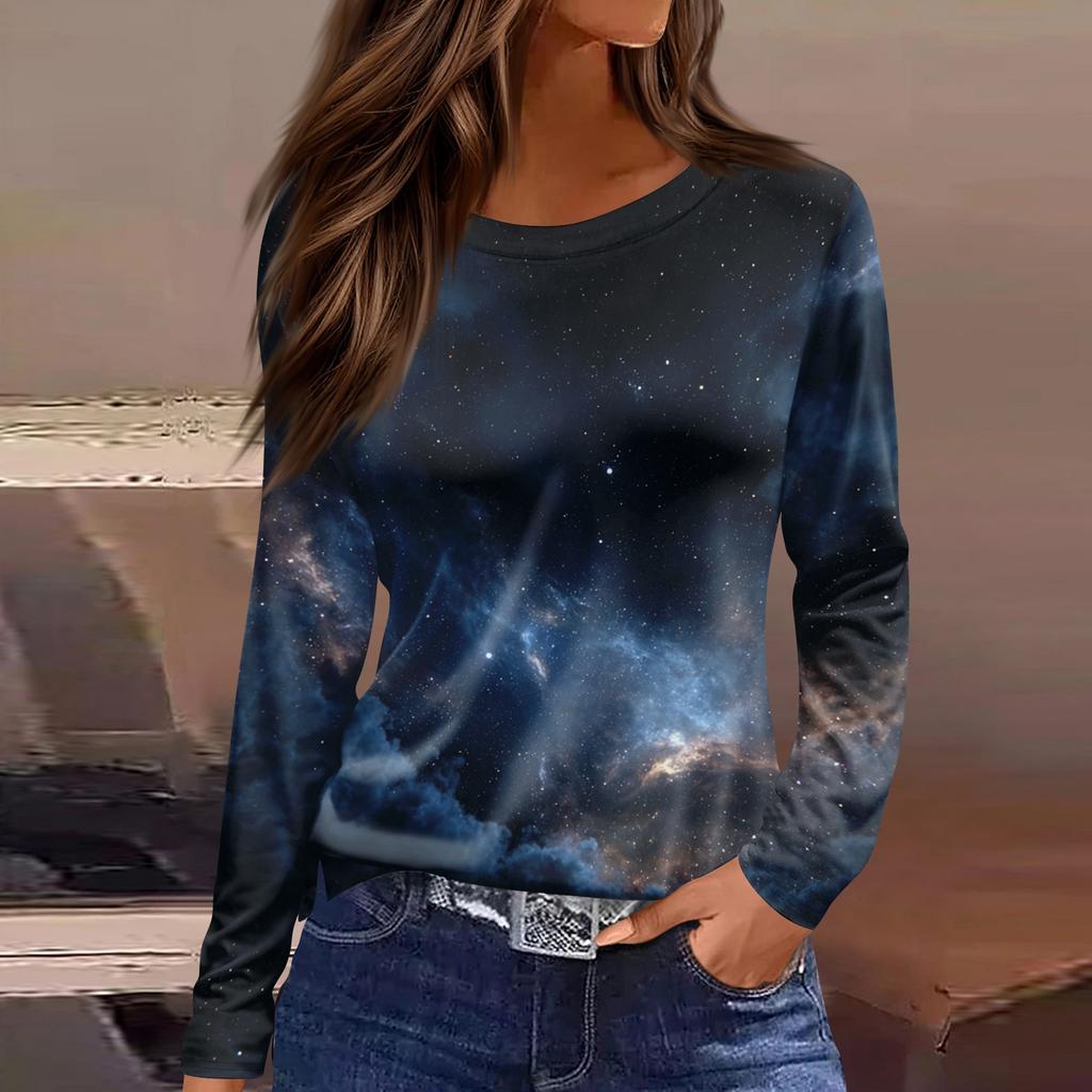 Women's Fashion Casual Slit Hem Round Neck Long Sleeve Loose Printed T,Shirt Ladies Top