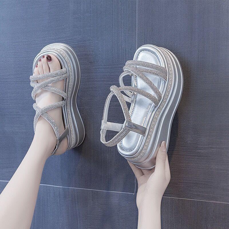 Mode Damen Plateau Sandalen Mode Kristall Sandalen Kreuzriemen Keilabsatz Sandale Sommer Römische Schuhe Offene Zehe Strandsandalen für Damen