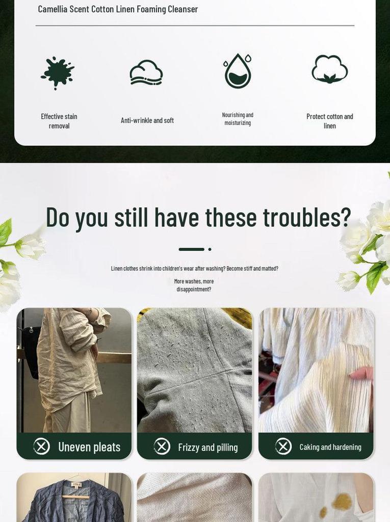 Long-Lasting Fragrance Cotton & Linen Detergent - Anti-Shrink, Wrinkle-Resistant, Neutral Formula for Ramie & Linen Fabrics