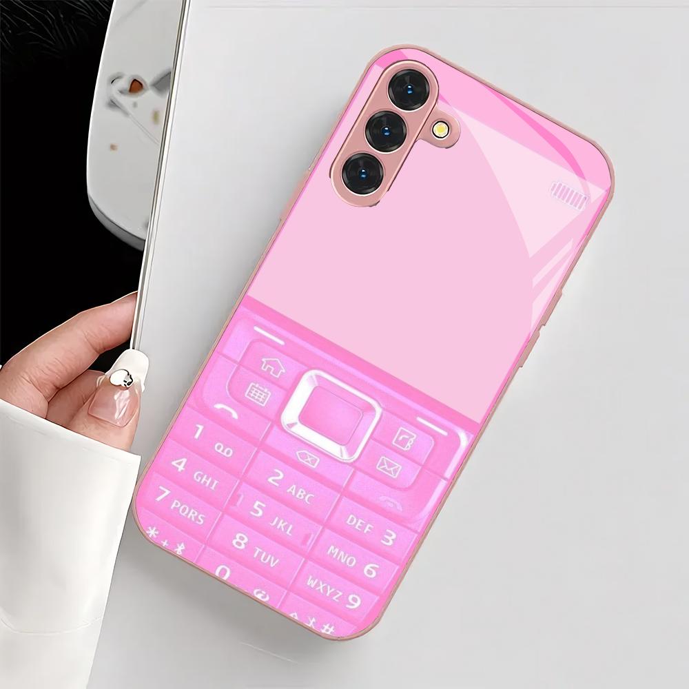 Pink retro button glass phone case suitable for Samsung Galaxy S26 S25 S24 S23 S22 S20 FE/Ultra/Plus anti drop back cover