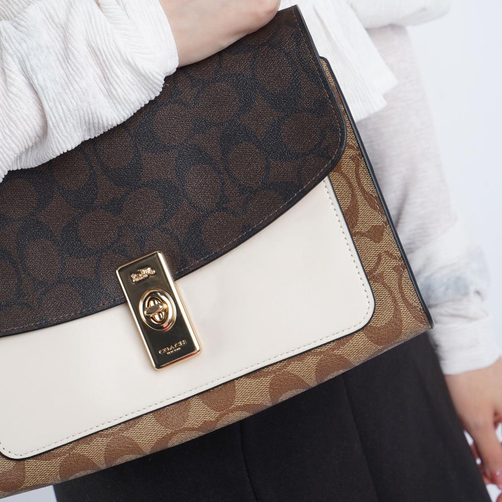 Coach Lane 26 Fashion Color Block Chain Crossbody Shoulder Bag Coated Canvas And Leather Medium Women handbags Brown White C1539-IMNOX