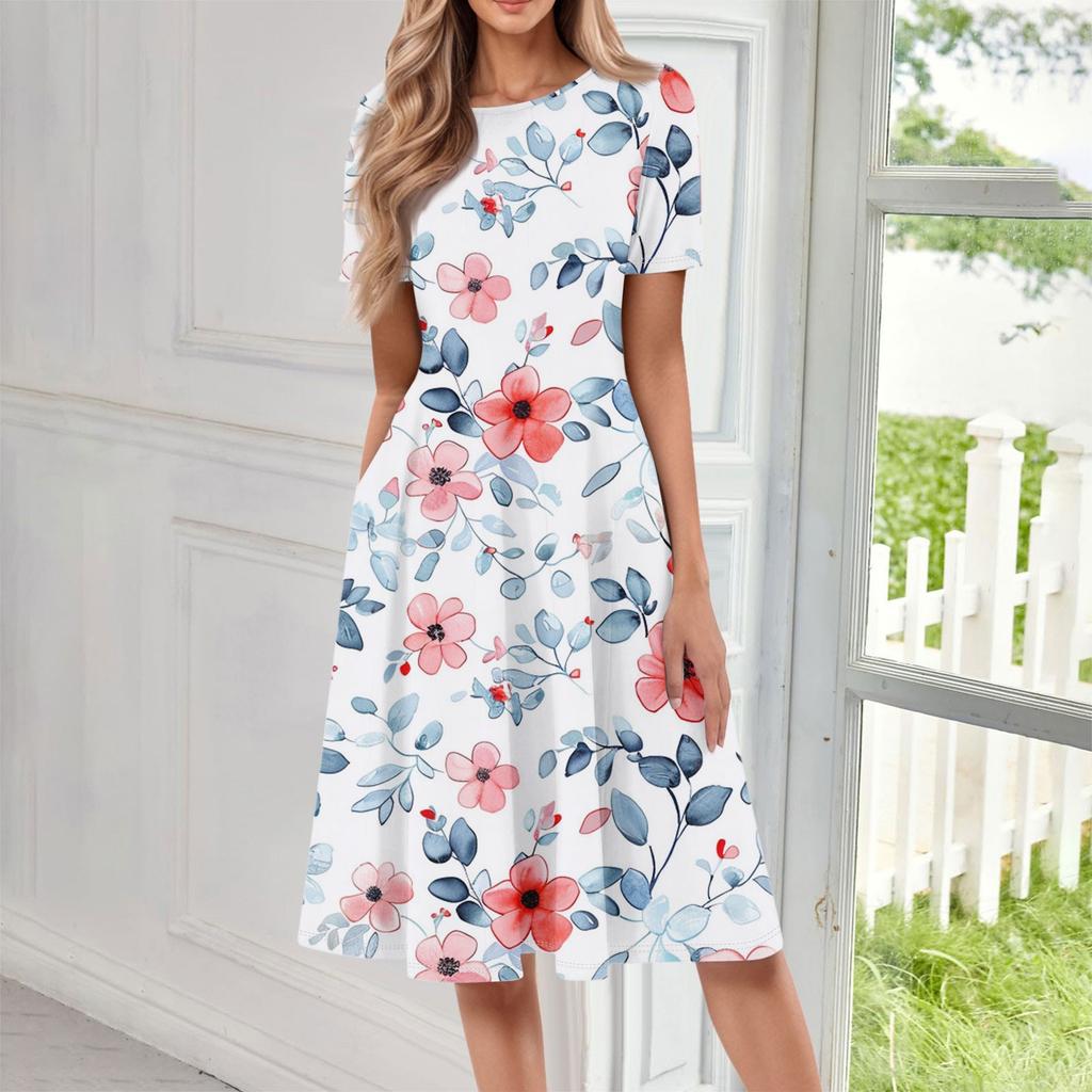 Women's Casual Fashion Round Neck Short Sleeve Floral Print Midi Dress