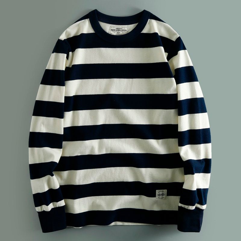Heavy 280G Double Yarn! European and American Retro Washed Pure Cotton Stripe Long sleeve Loose round Neck Casual Bottoming Shirt Hoodie