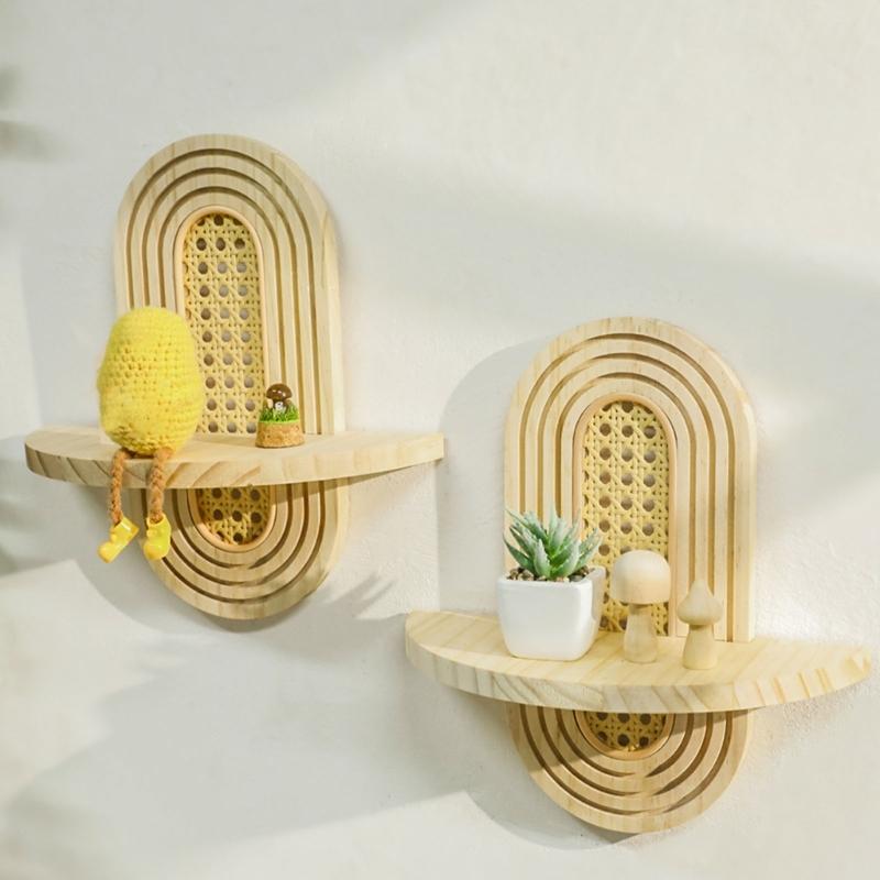 Rattan Wall Shelf Floating Shelves Rustics Wall Mounted Wood Storage Shelves for Living Room Bathroom Kitchen Wall Decors
