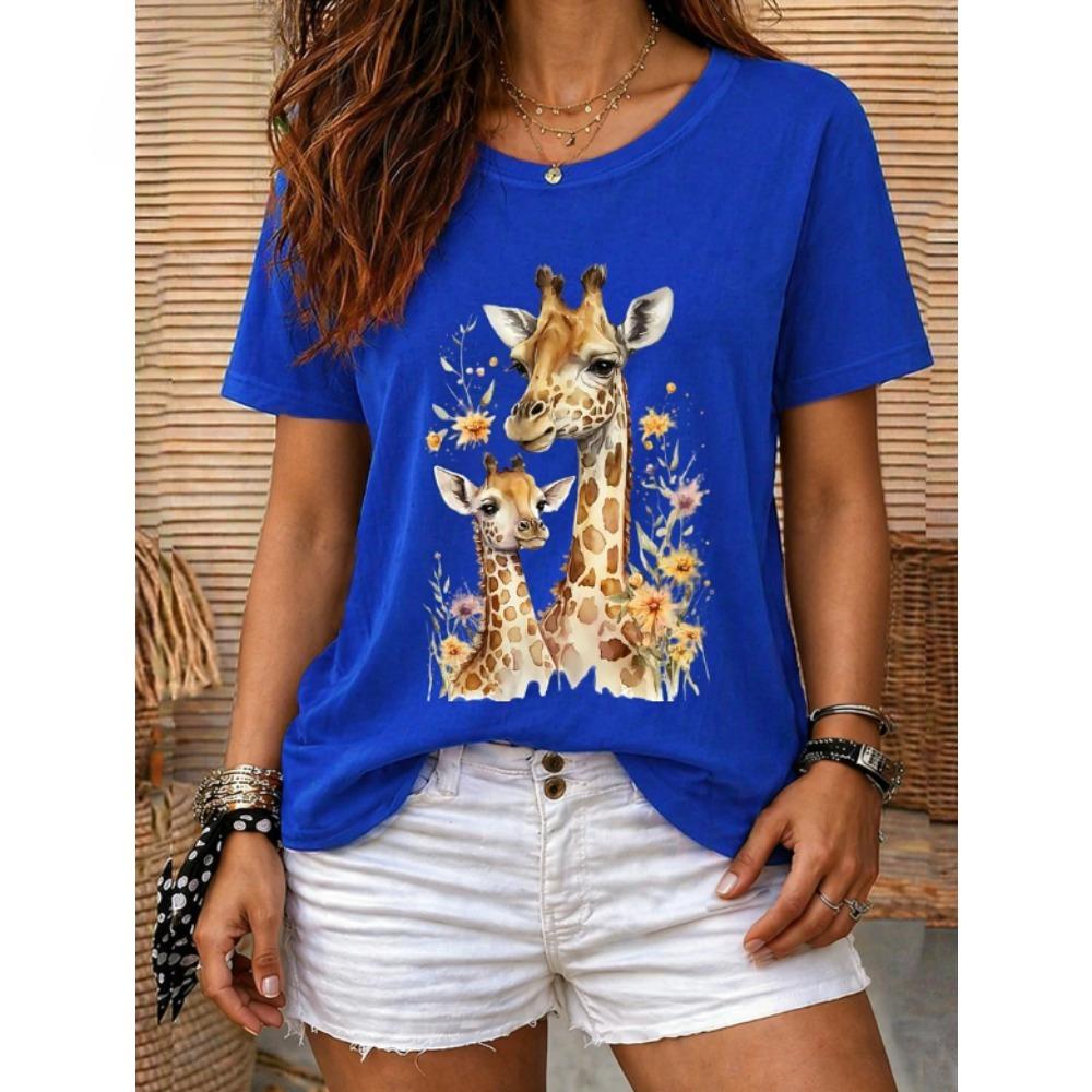 Fashion Women Retro Creative Giraffe Pattern Print T Shirt Funny Casual O-neck Short Sleeves T-shirt Summer Female Tee Shirt