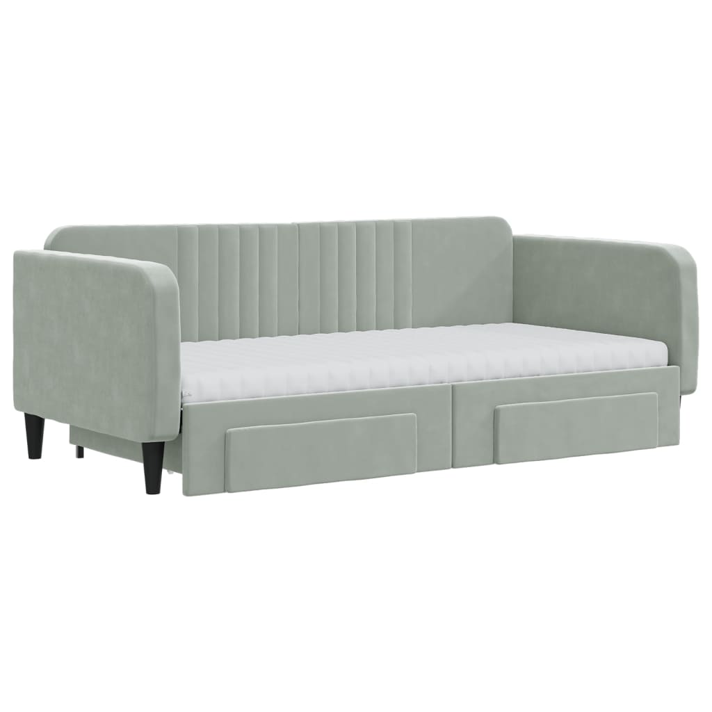 Extendable Daybed with Drawers Light Grey 90x190 Cm Velvet